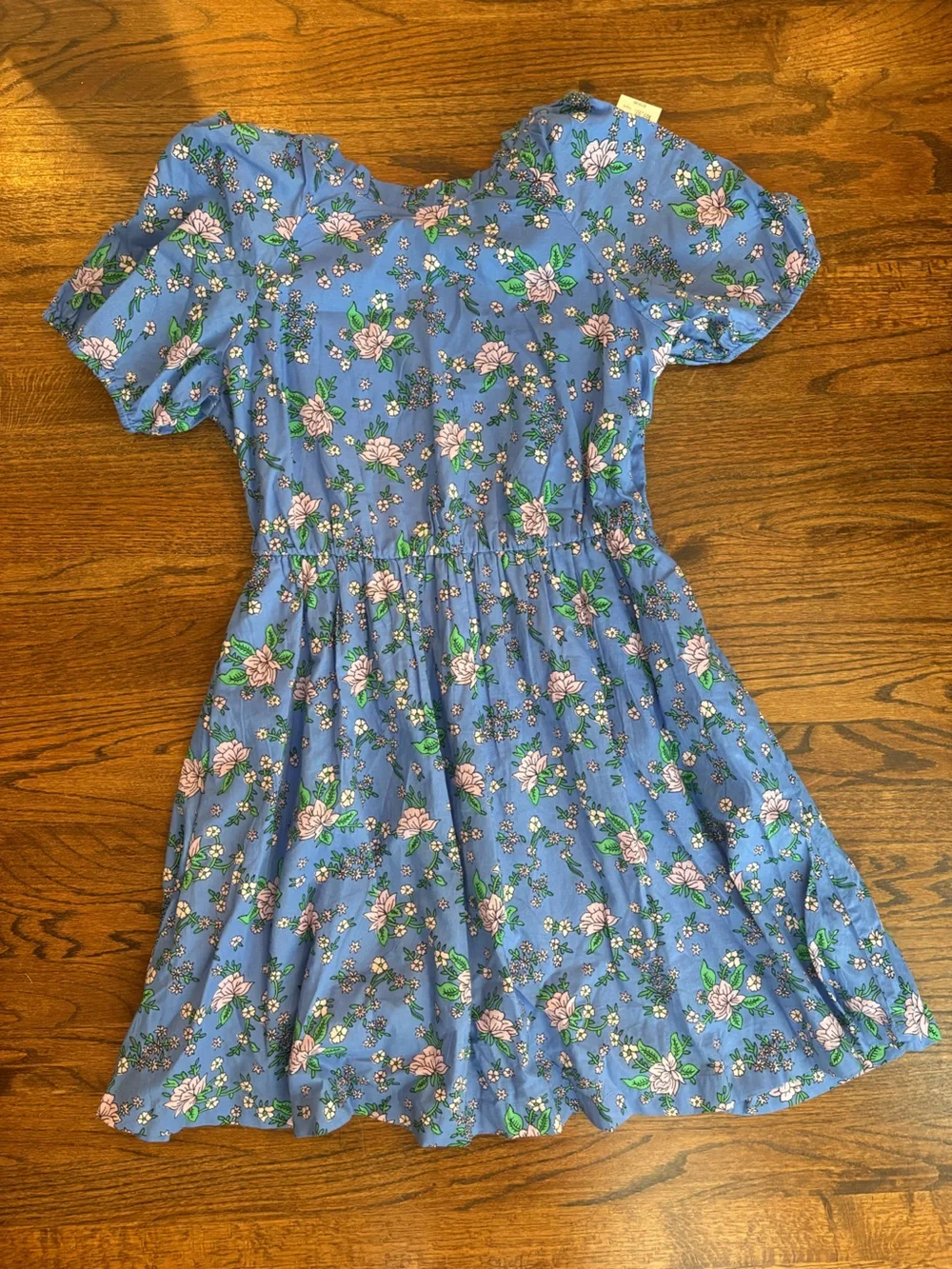 J. Crew Blue Floral poplin Dress with puff sleeve tie back 100% cotton